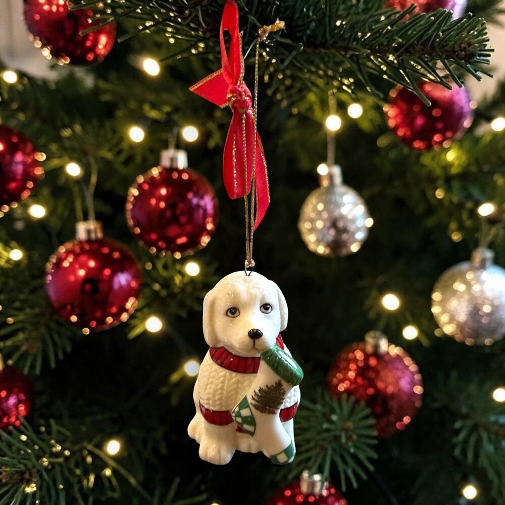 Spode Christmas Tree Collection Porcelain Puppy Holding Stocking Ornament NWOB